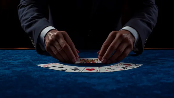 Manos del mago desplegando un abanico de cartas sobre la mesa de terciopelo