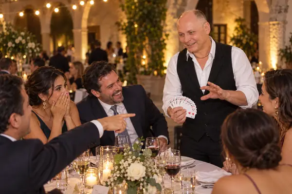 El mago despliega un abanico de cartas en la mesa de una boda